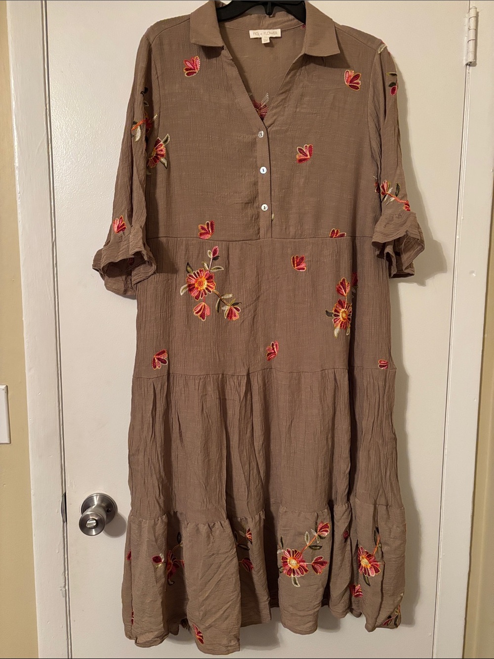 fig and flower Taupe Tiered Midi Dress with Red & Orange Floral Embroidery